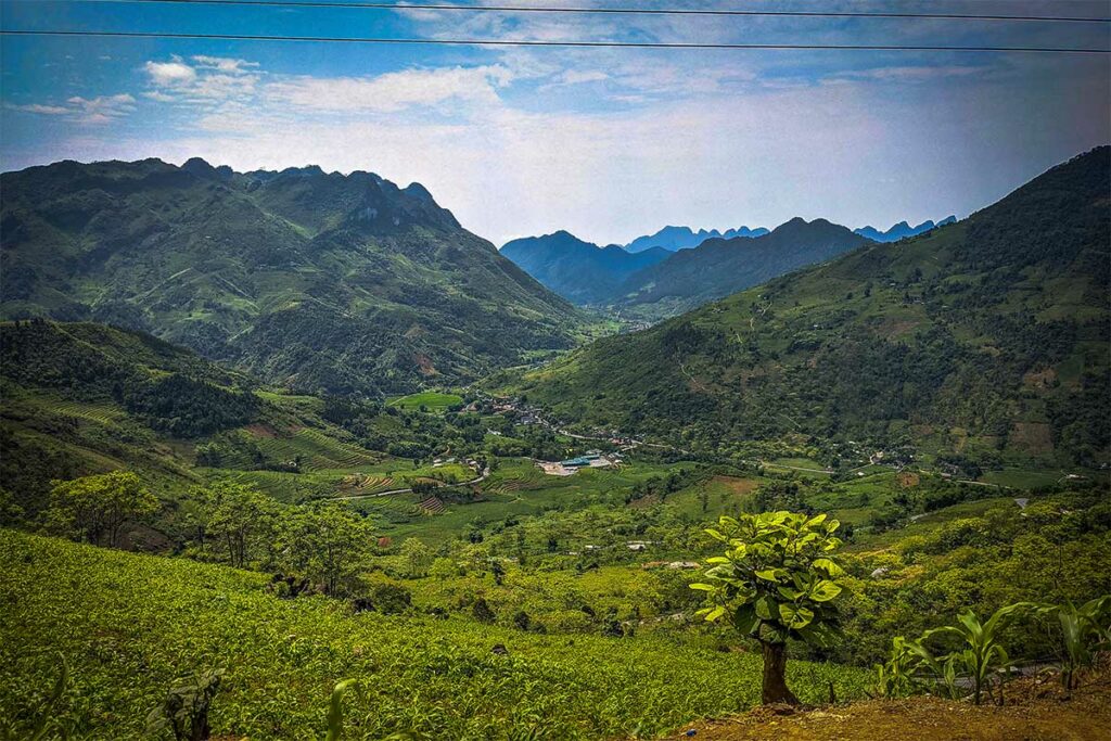 Uitzicht over groene vallei met theeterrassen en dorp tussen de bergen van Ha Giang.