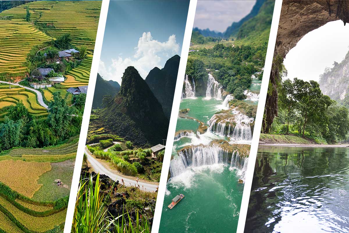 Rijstterrassen van Sapa, de Ha Giang bergen, Ban Gioc Waterfall en Ba Be Lake in één beeld voor de Sapa–Ha Giang–Cao Bang–Ba Be combinatietour.