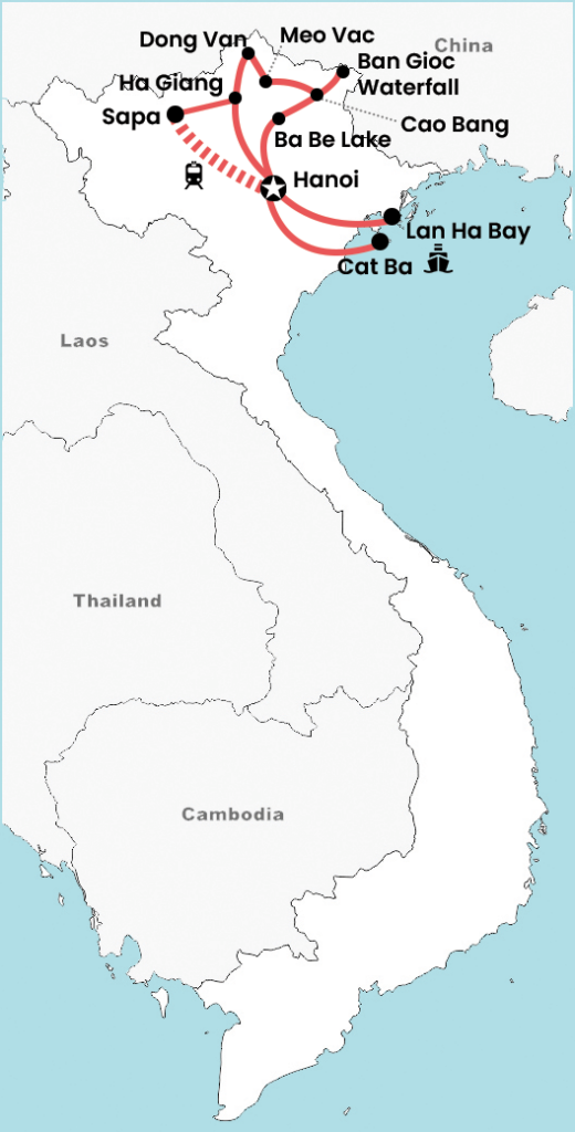 Overzichtskaart van een 2 weken rondreis door Noord-Vietnam met Hanoi als startpunt en highlights zoals Sapa, Ha Giang, Dong Van, Meo Vac, Ba Be Lake, Cao Bang en Ban Gioc Waterfall