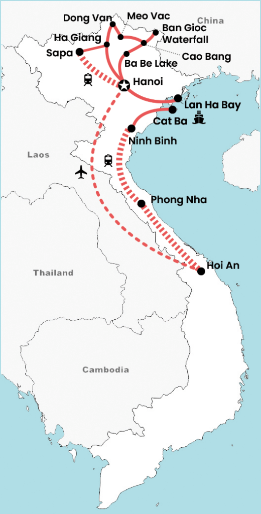 Routekaart van een avontuurlijke 3 weken rondreis door Noord- en Centraal-Vietnam met Ha Giang Loop, Cao Bang, Ba Be Lake, Lan Ha Bay, Ninh Binh, Phong Nha en Hoi An