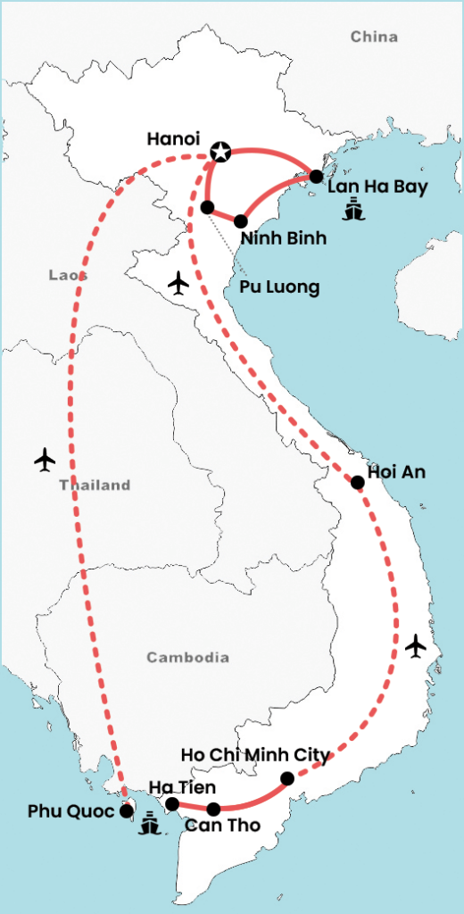 Kaart van een 3 weken slow travel rondreis door Vietnam met route van Hanoi naar Ninh Binh, Pu Luong, Lan Ha Bay, Hoi An, Ho Chi Minh City, Mekong Delta en Phu Quoc
