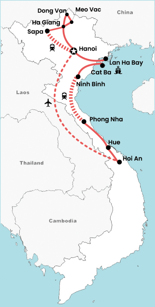 kaart van 3 weekse rondreis Noord en Centraal Vietnam