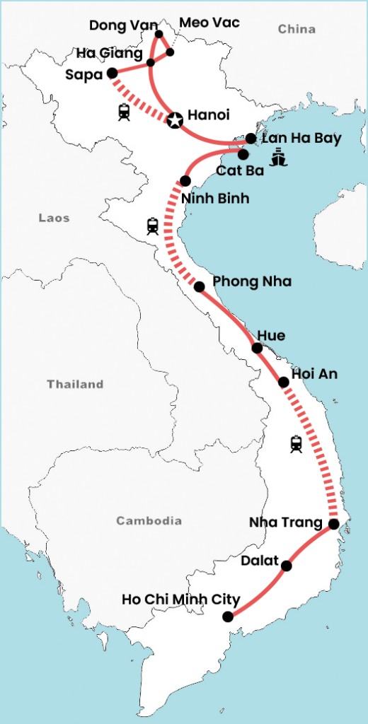 Routekaart van een 4 weken avontuurlijke rondreis door Noord-, Centraal- en Zuid-Vietnam met Ha Giang Loop, Sapa, Lan Ha Bay, Ninh Binh, Phong Nha, Hue, Hoi An, Dalat en Ho Chi Minh City