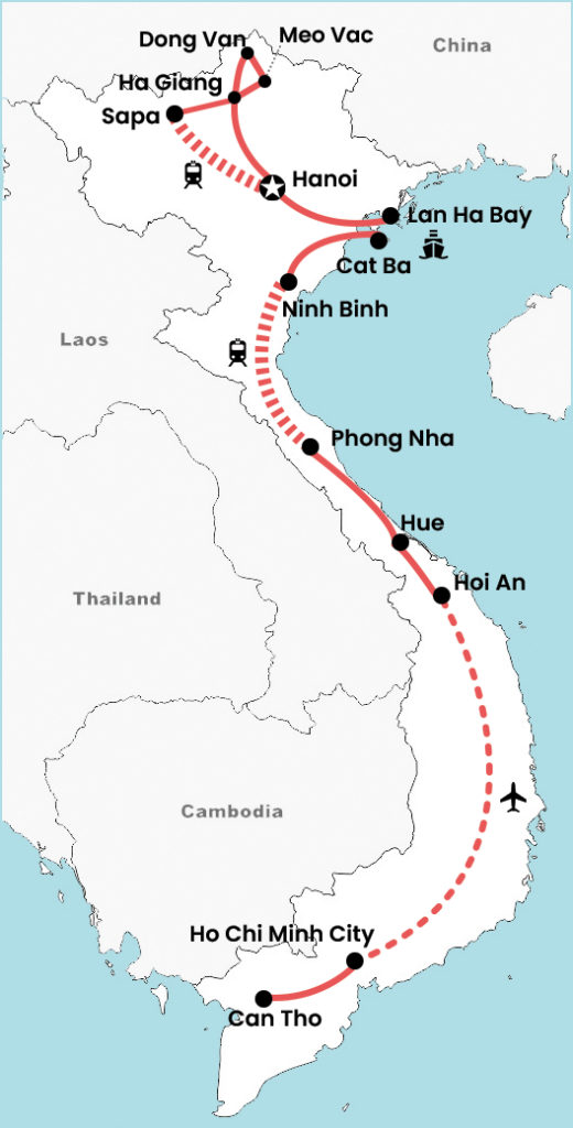 Overzichtskaart van een 4 weken rondreis langs de grootste hoogtepunten van Vietnam met route door Noord-, Centraal- en Zuid-Vietnam, van Hanoi en Ha Giang tot Hoi An, Nha Trang, Dalat en Ho Chi Minh City