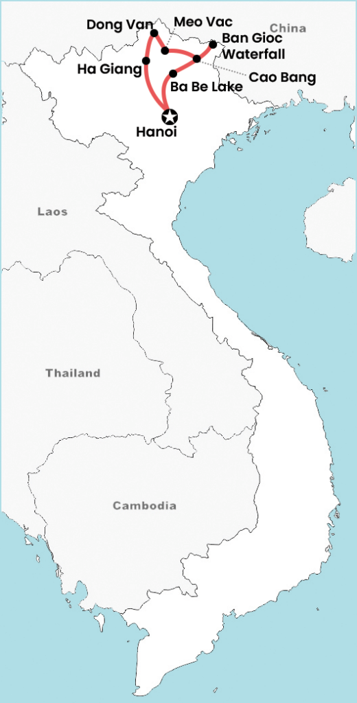 Kaart van een 9 dagen off-the-beaten-track rondreis door Noord-Vietnam met route langs Hanoi, Ha Giang, Dong Van, Meo Vac, Cao Bang, Ban Gioc Waterfall en Ba Be Lake