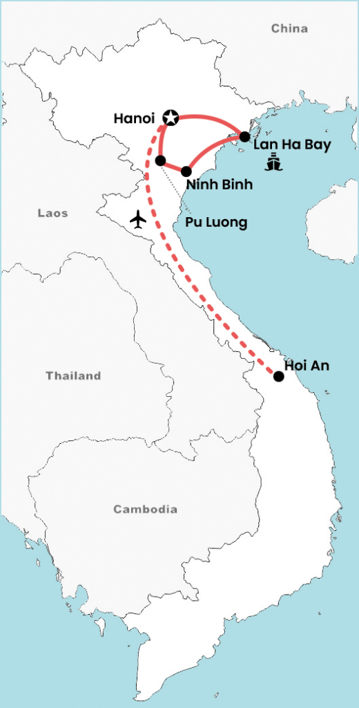 Kaart van een 2 weken slow travel rondreis door Noord- en Centraal-Vietnam met rustige route langs Hanoi, Ninh Binh, Pu Luong, Lan Ha Bay en Hoi An