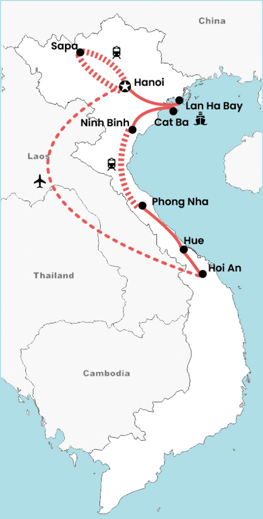 Routekaart van een 2 weken rondreis door Noord- en Centraal-Vietnam met hoogtepunten zoals Hanoi, Sapa, Lan Ha Bay, Ninh Binh, Phong Nha, Hue en Hoi An