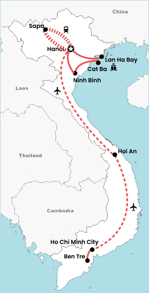 Routekaart van een 2 weken rondreis van Zuid- naar Noord-Vietnam met start in Ho Chi Minh City, Mekong Delta, Hoi An, Ninh Binh, Hanoi, Sapa en Lan Ha Bay