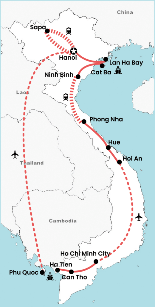 kaart met route van 3 weken rondreis door Vietnam