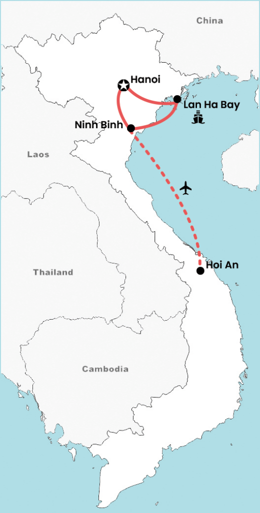 Kaart van een 7 dagen rondreis door Noord-Vietnam met verlenging naar Centraal-Vietnam via Hanoi, Ninh Binh, Lan Ha Bay en Hoi An