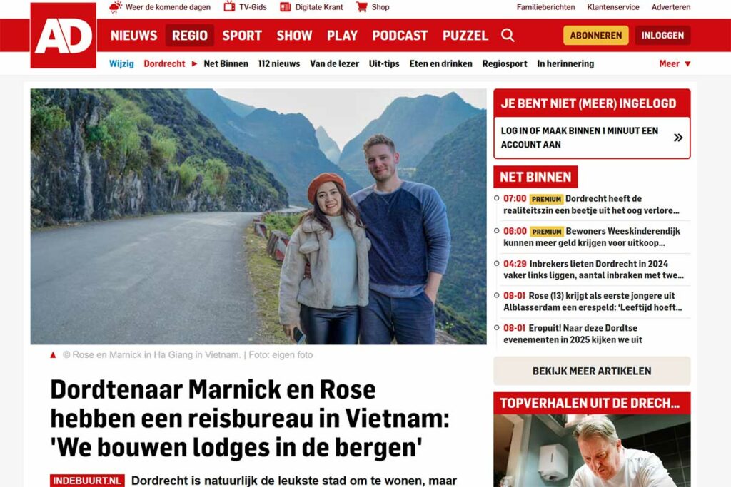 Nieuwsartikel over Marnick Schoonderwoerd en zijn reisbureau Local Vietnam in het Algemeen Dagblad (AD)