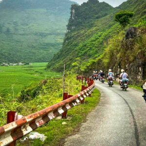 Een groep reizigers rijdt met hun Easy Rider-gidsen door een groene vallei tijdens de Ha Giang Loop groepstour, over een smalle weg langs rotswanden en rijstvelden.
