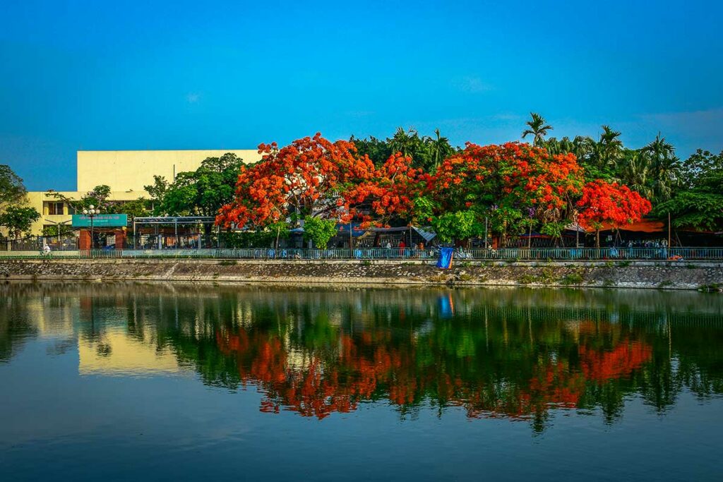 Tam Bac-meer in Hai Phong met bloeiende flamboyantbomen en weerspiegeling van de stad in het water