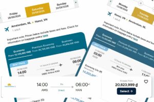 Directe vlucht Amsterdam Hanoi met Vietnam Airlines, boekingsscherm van non-stop vlucht Nederland Vietnam met vertrektijd, aankomsttijd en vluchtduur zonder overstap