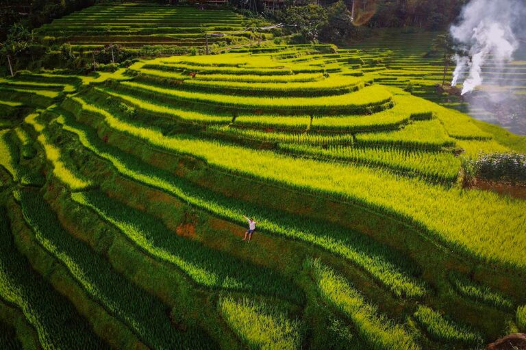 Luchtfoto van groene rijstterrassen in Pu Luong Nature Reserve, met golvende akkers, berglandschap en dorpen in Noord-Vietnam