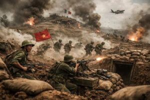 AI-gegenereerde illustratie van de Eerste Indochinese Oorlog, met Viet Minh-strijders in loopgraven tijdens een gevecht tegen Franse troepen, gebaseerd op historische scènes uit de Slag bij Dien Bien Phu