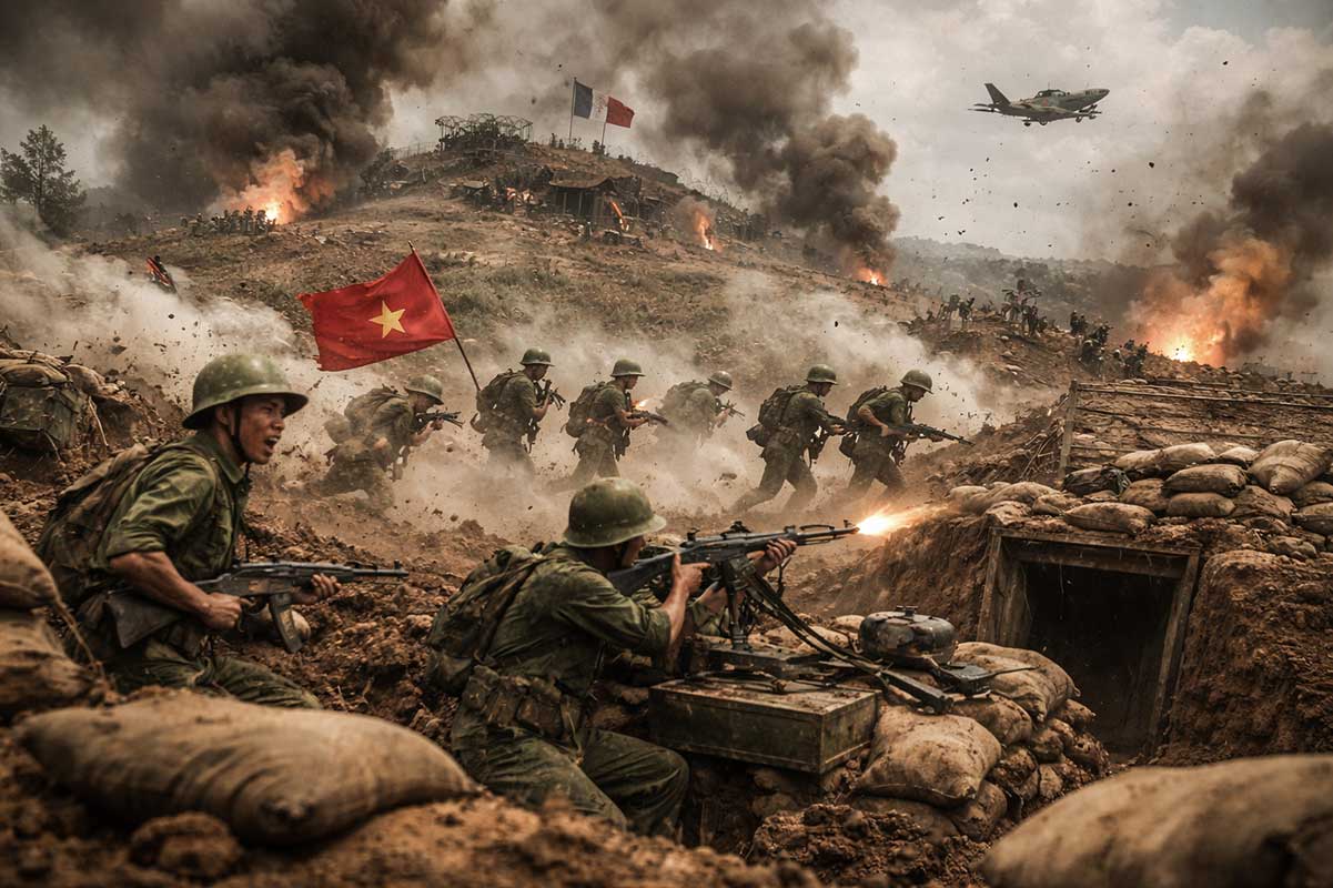 AI-gegenereerde illustratie van de Eerste Indochinese Oorlog, met Viet Minh-strijders in loopgraven tijdens een gevecht tegen Franse troepen, gebaseerd op historische scènes uit de Slag bij Dien Bien Phu