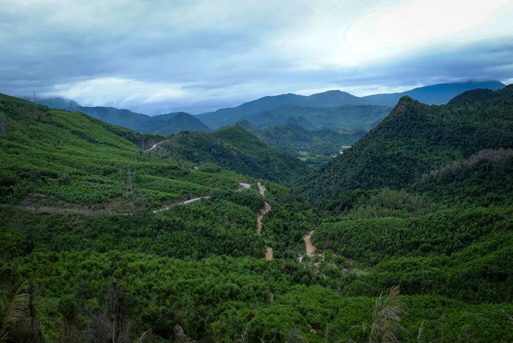 Groen berglandschap langs de Ho Chi Minh Trail in centraal Vietnam, met slingerende wegen door dichte bossen.