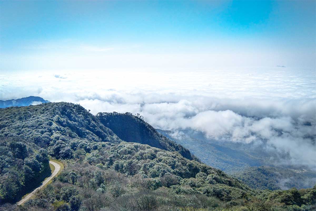 Berglandschap in Phia Oac National Park met een kronkelende weg door beboste heuvels en een zee van wolken boven Cao Bang.