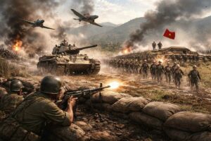 AI-gegenereerde illustratie van de Slag bij Dien Bien Phu in 1954, met Franse en Viet Minh-troepen tijdens gevechten rond het slagveld