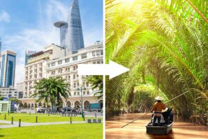 Van Ho Chi Minh City naar Mekong Delta met contrast tussen moderne skyline en traditionele boot in smal kanaal omgeven door palmbomen