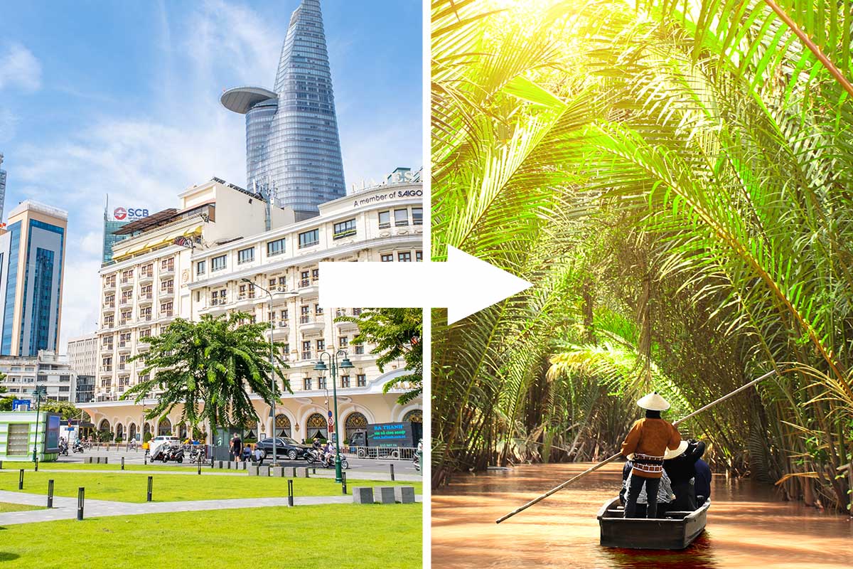 Van Ho Chi Minh City naar Mekong Delta met contrast tussen moderne skyline en traditionele boot in smal kanaal omgeven door palmbomen