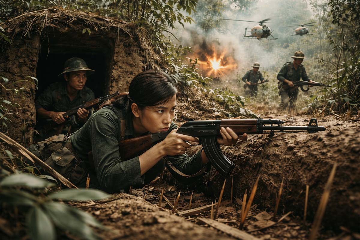 AI-gegenereerde illustratie van Viet Cong-guerrillastrijders tijdens de Vietnamoorlog, afgebeeld in een jungleomgeving met ondergrondse tunnel, wapens en militaire actie ter illustratie van guerrillatactieken.