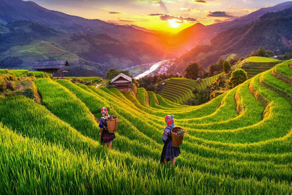 Rijstterrassen in Mu Cang Chai met lokale vrouwen in traditionele kleding, een sterke combinatie van landschapsfotografie en culturele fotografie in Vietnam.