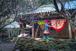 Vrouw in traditionele kleding bij houten huis in Ta Van bij Sapa tijdens de winter in Noord Vietnam
