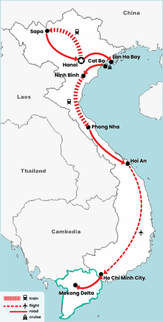 Routekaart van een 3 weken familierondreis Vietnam met strandverblijf met route van Hanoi via Sapa, Ninh Binh, Phong Nha en Hoi An naar Ho Chi Minh City en de Mekong Delta