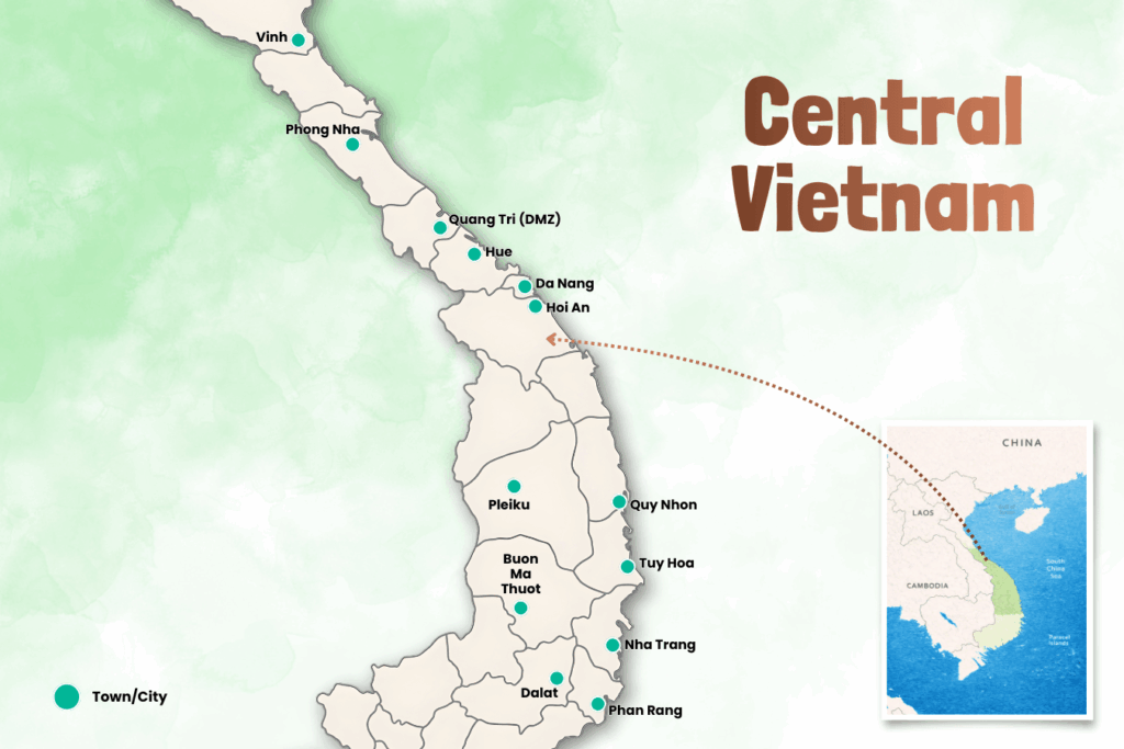Kaart van Centraal Vietnam met belangrijke bestemmingen zoals Hue, Da Nang, Hoi An, Phong Nha, Quy Nhon, Nha Trang en de Central Highlands