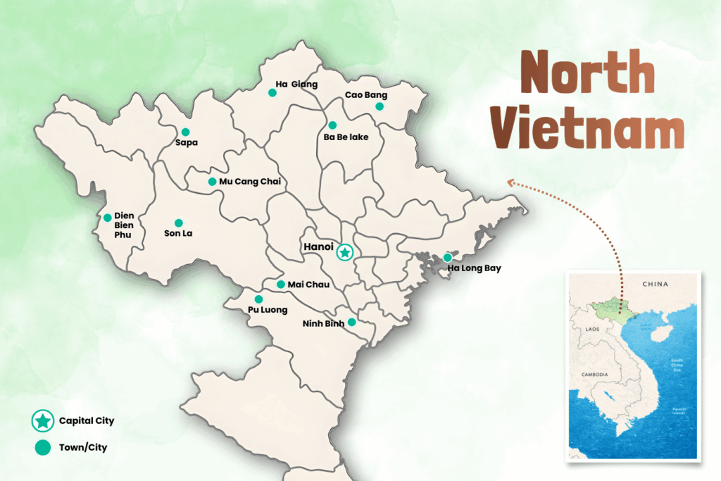 Kaart van Noord Vietnam met populaire bestemmingen voor een rondreis zoals Hanoi, Sapa, Ha Giang, Cao Bang, Ba Be Lake, Mai Chau, Pu Luong en Ninh Binh