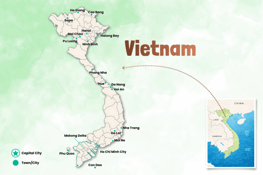 Kaart van Vietnam met belangrijkste bestemmingen voor een rondreis in Vietnam zoals Hanoi, Sapa, Ha Giang, Halong Bay, Hoi An, Nha Trang, Ho Chi Minh City en de Mekong Delta