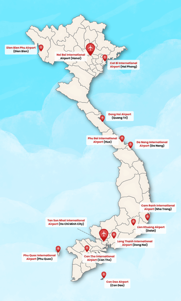 Kaart van Vietnam met luchthavens zoals Noi Bai Airport Hanoi, Da Nang Airport, Tan Son Nhat Airport Ho Chi Minh City, Cam Ranh Airport Nha Trang en Phu Quoc Airport