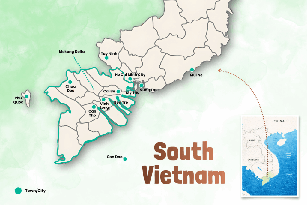 Kaart van Zuid Vietnam met bestemmingen zoals Ho Chi Minh City, Mekong Delta, Phu Quoc, Can Tho, Ben Tre, My Tho, Mui Ne en Con Dao