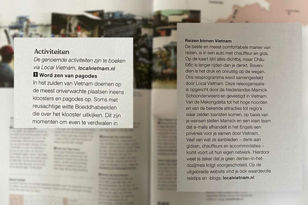 Detail uit Columbus Travel magazine waarin Local Vietnam wordt genoemd als reisorganisatie voor activiteiten en reizen in Vietnam, met tekst over reizen door de Mekong Delta en andere regio’s van Vietnam.