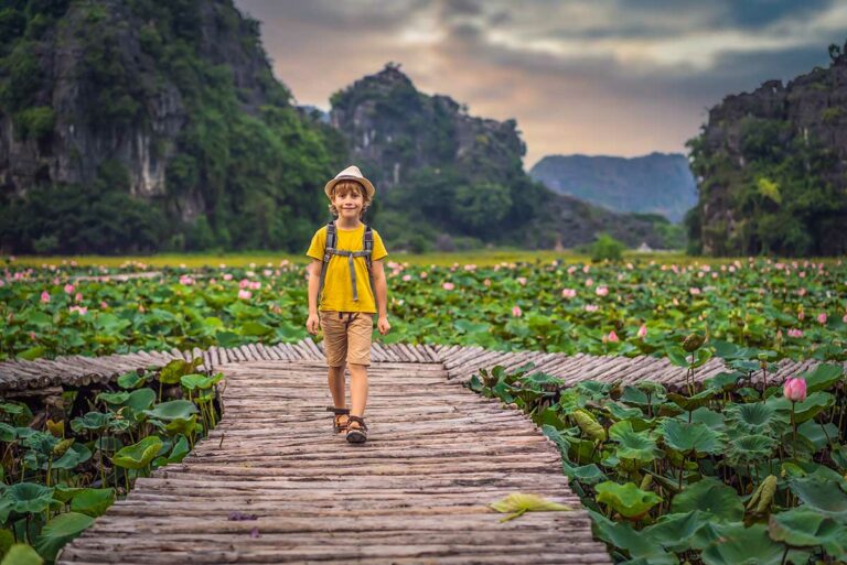 Kind wandelend over houten pad bij Mua Cave in Ninh Binh tussen lotusvelden en bergen