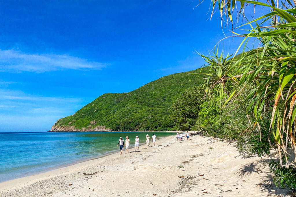 Natuurlijk strand op Bay Canh Island in Con Dao met helder water, wit zand en tropische begroeiing langs de kust.
