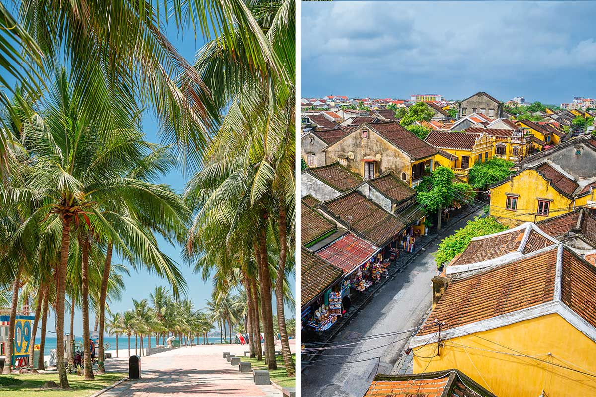 Van Da Nng naar hoi an kust en oude stad Hoi An met palmbomen strand en historische huizen in Vietnam