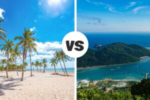 Vergelijking tussen Phu Quoc en Con Dao met links een breed zandstrand met palmbomen en rechts een groen, bergachtig eiland met baai en helderblauw water.