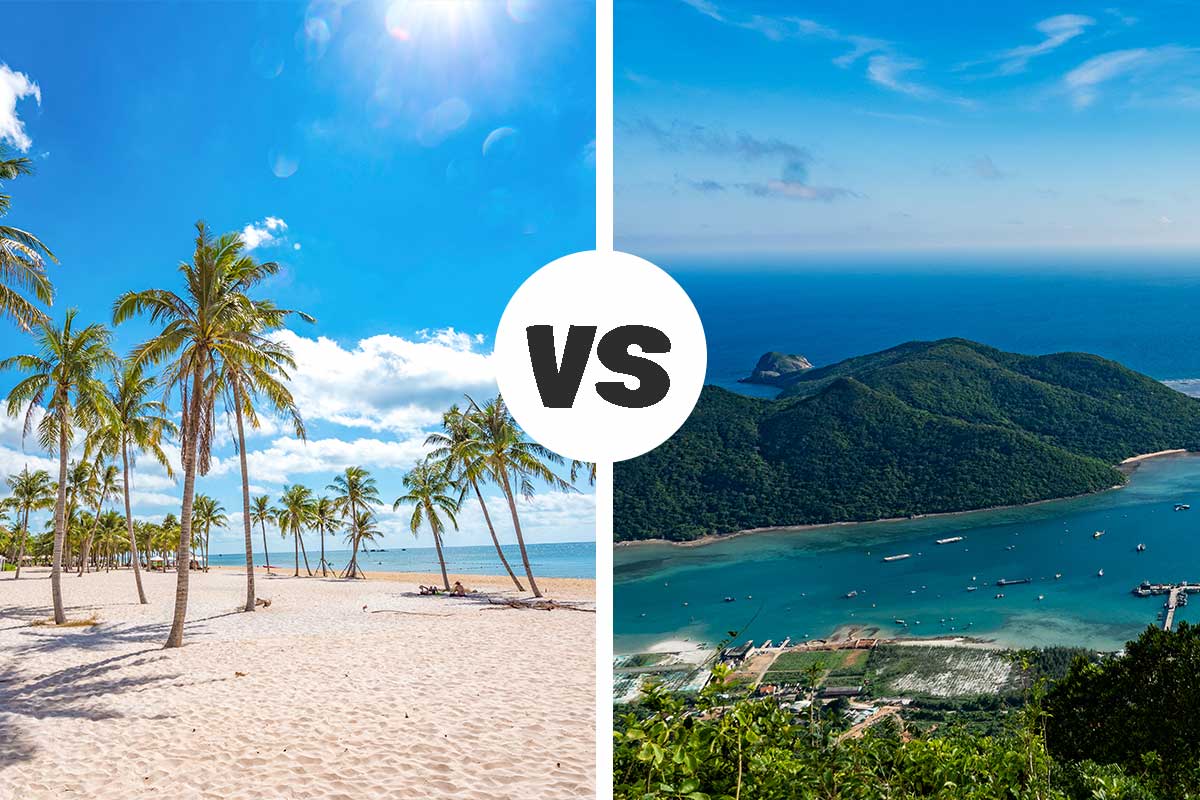 Vergelijking tussen Phu Quoc en Con Dao met links een breed zandstrand met palmbomen en rechts een groen, bergachtig eiland met baai en helderblauw water.