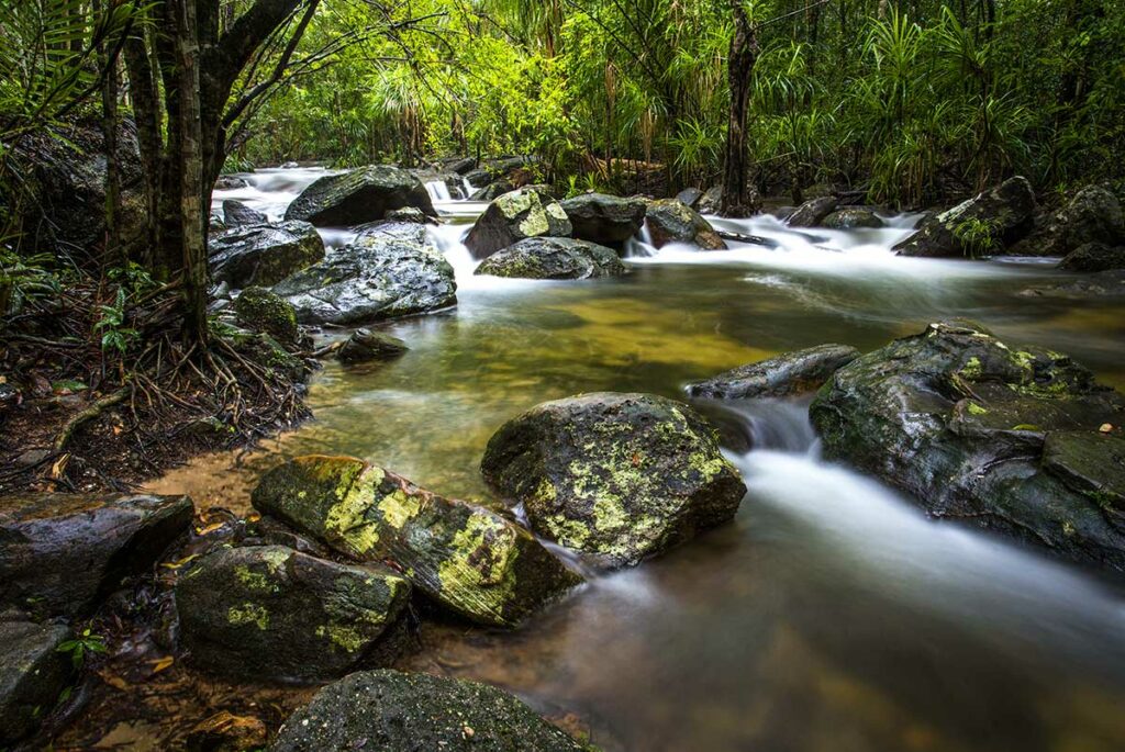 Rivier en waterval in de jungle van Phu Quoc bij Suoi Tranh, met grote rotsen en dicht tropisch groen langs het stromende water.