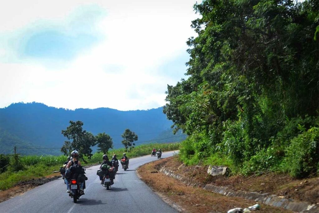 Groep Easy Riders rijdt in konvooi over een kronkelende weg door groen berglandschap bij Dalat — meerdere Easy Rider-gidsen rijden samen bij grotere groepen of meerdaagse tours