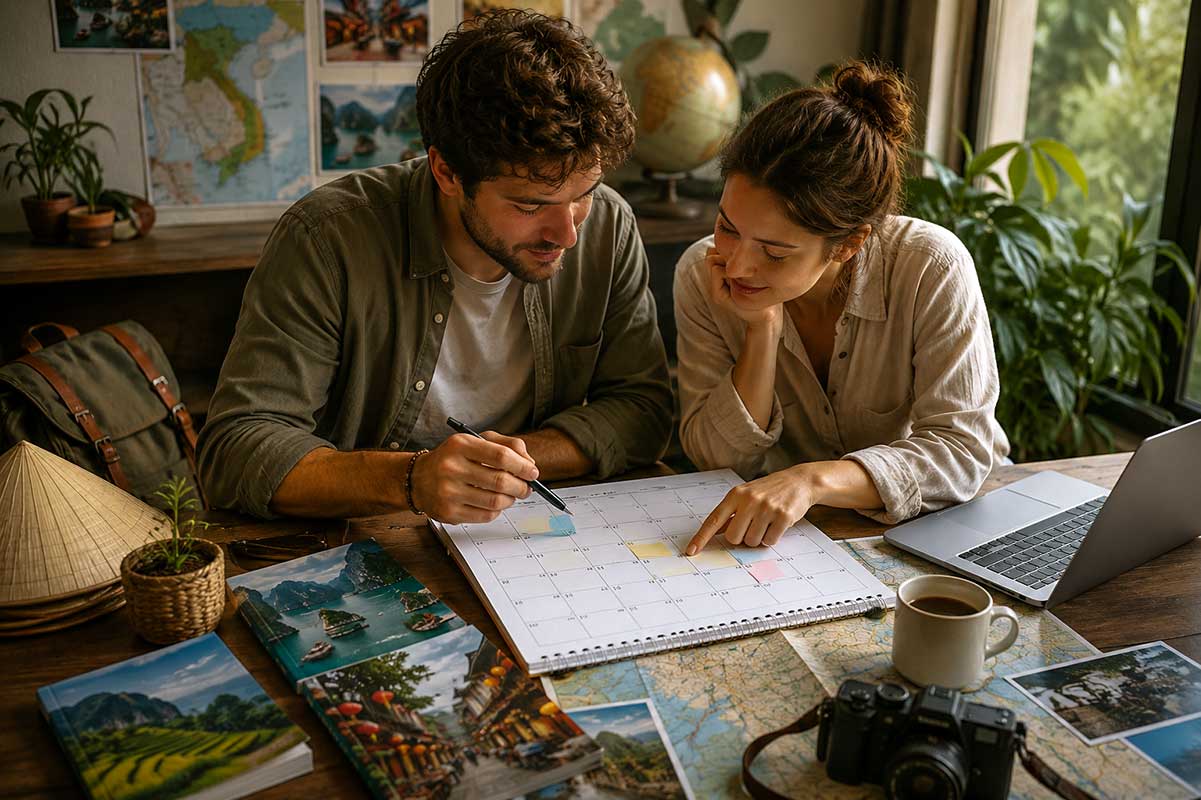 Stel plant een Vietnam reis aan een tafel met een kalender, reisfoto's van Halong Bay en Hoi An, een landkaart, laptop en een Vietnamese conische hoed
