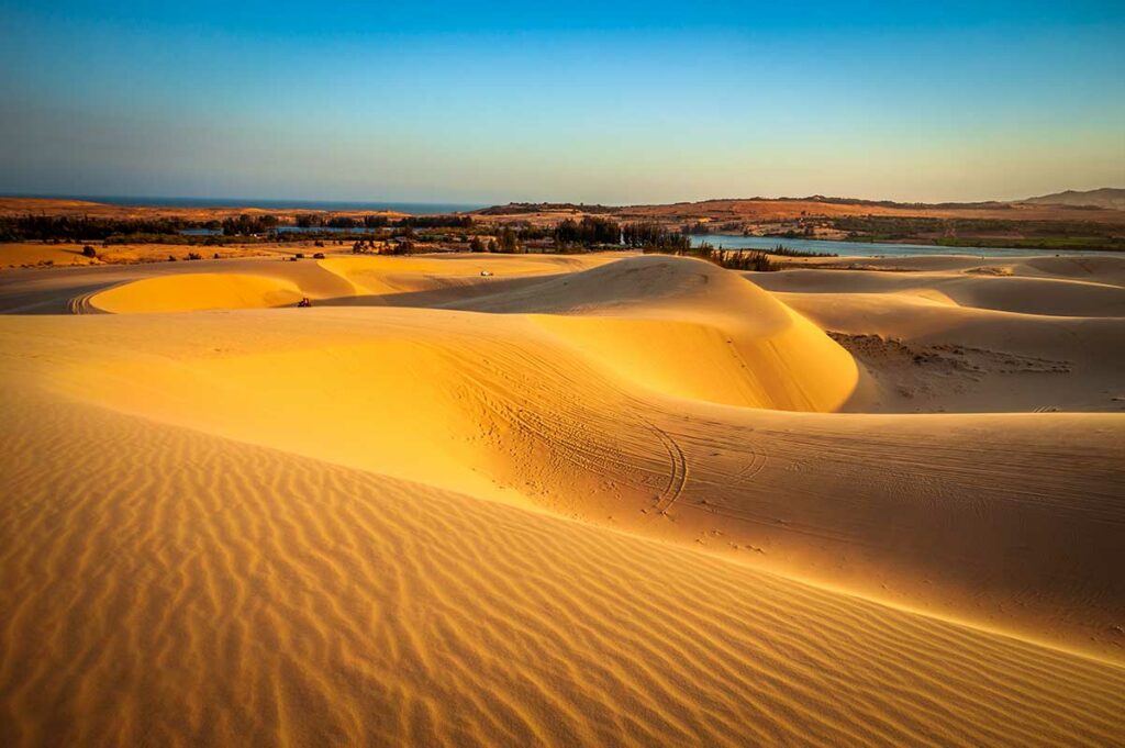 Golvende zandduinen van Mui Ne in goudgeel avondlicht met een meer, dennenbomen en de Zuid-Chinese Zee op de achtergrond — een panoramisch overzicht van het duinenlandschap van Mui Ne
