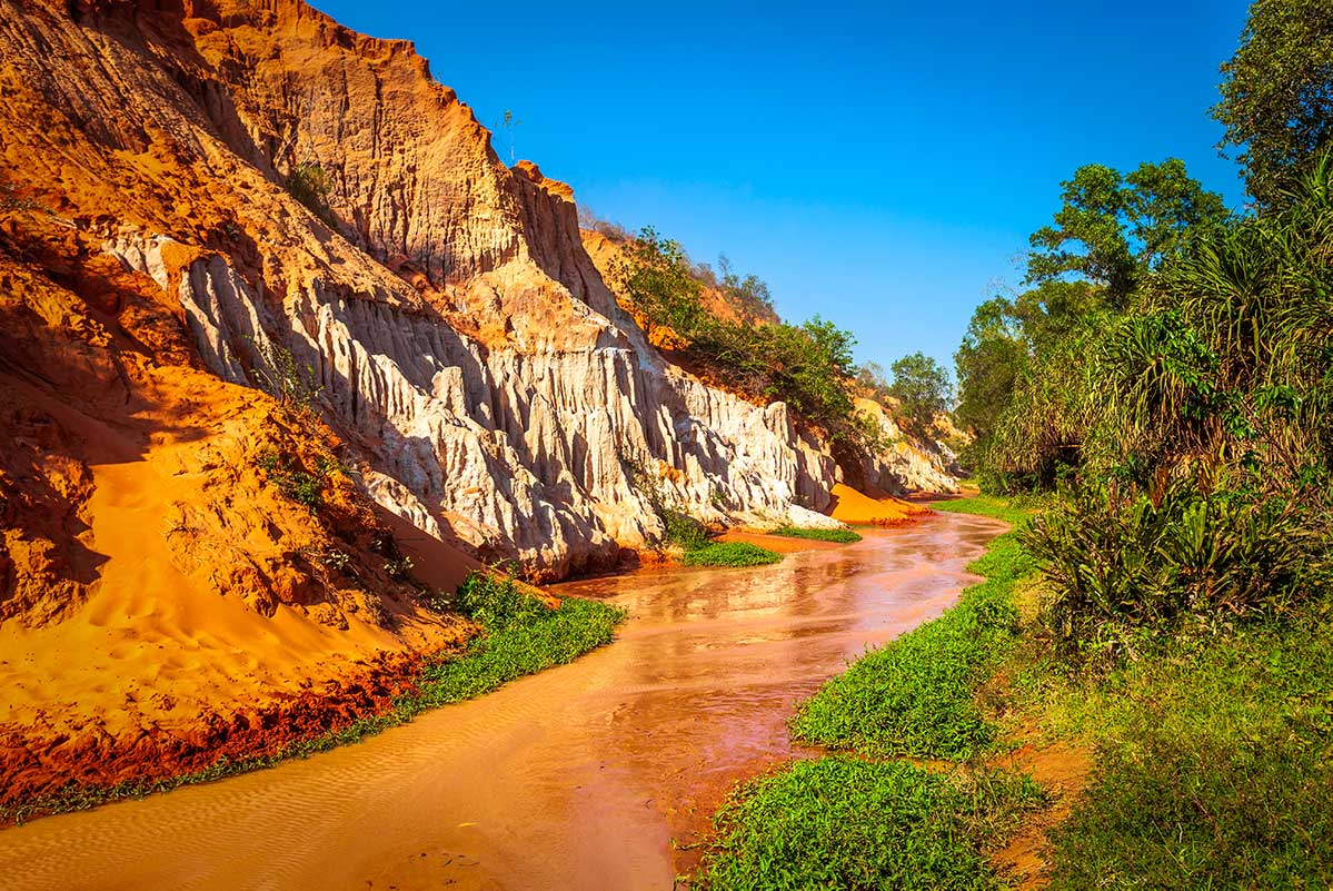 Kleurrijke rode en witte zandstenen canyon van de Fairy Stream in Mui Ne met een roodbruin beekje en tropische vegetatie langs de oevers