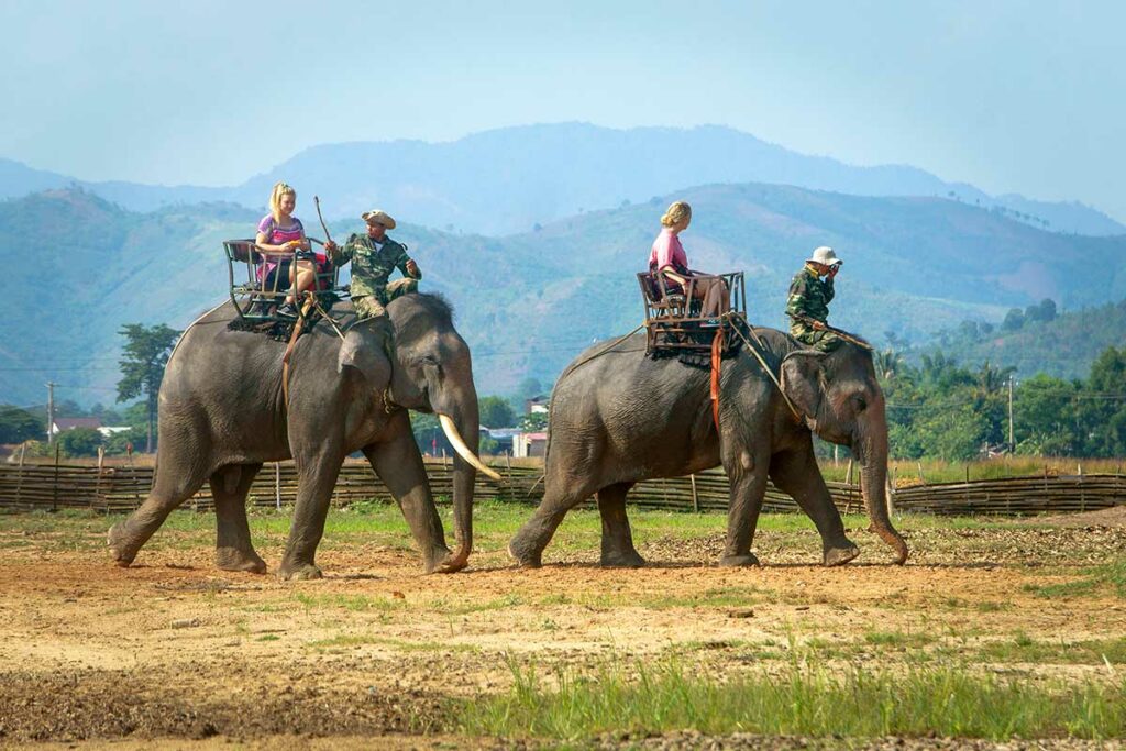 Toeristen rijden op olifanten met zadels bij Buon Ma Thuot in Vietnam, olifantenritten worden beschouwd als een niet-verantwoorde activiteit vanwege het dierenwelzijn