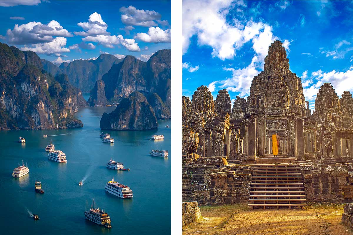 Vergelijking van Vietnam en Cambodja: links cruiseschepen tussen de kalkstenen rotsen van Halong Bay in Vietnam, rechts een boeddhistische monnik voor de gebeeldhouwde stenen torens van de Bayon-tempel in Angkor, Cambodja