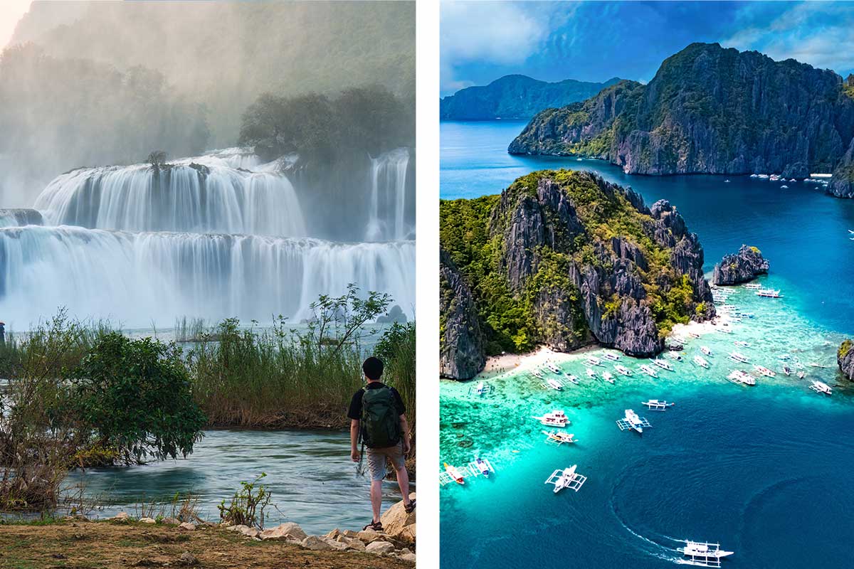 Vergelijking van Vietnam en de Filipijnen: links een reiziger met rugzak voor de brede trapsgewijze Ban Gioc waterval in Noord-Vietnam, rechts een luchtfoto van bootjes op het turquoise water tussen de kalkstenen eilanden van El Nido op Palawan