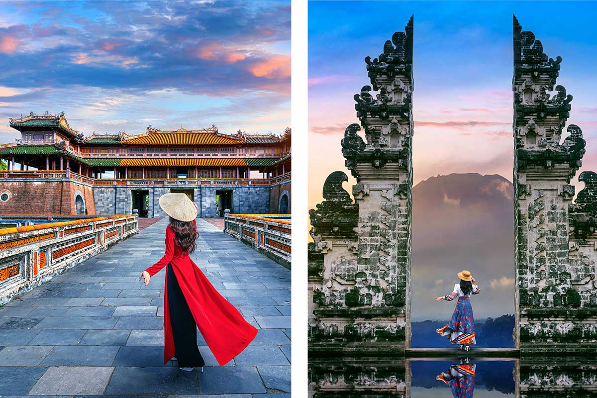 Vergelijking van Vietnam en Bali: links een vrouw in rode ao dai met conische hoed op de brug voor de keizerlijke citadel van Hue in Vietnam, rechts een vrouw in kleurrijke rok staand tussen de gespleten stenen poortpilaren van een Balinees tempel met een vulkaan op de achtergrond